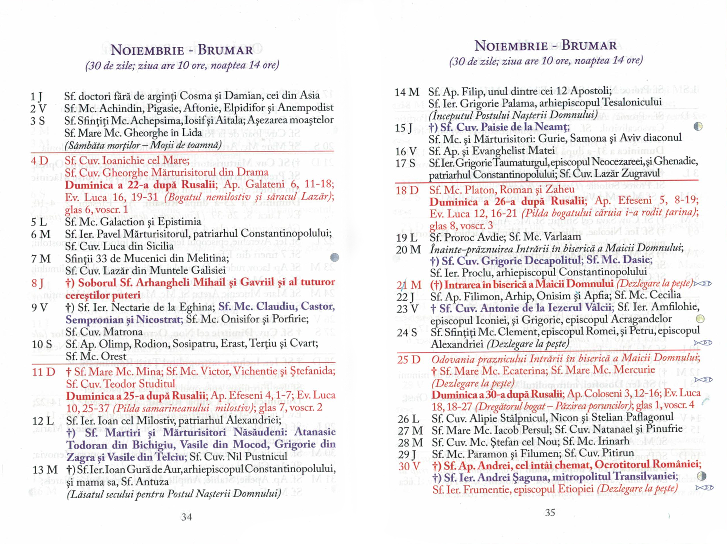 Calendar ortodox Noiembrie Patriarhia.ro