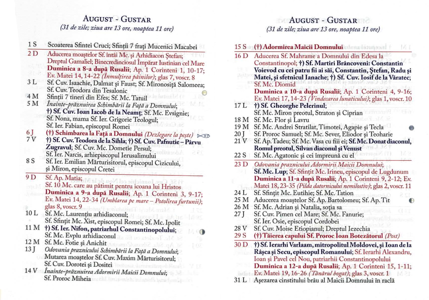 Calendar Ortodox August Patriarhia ro