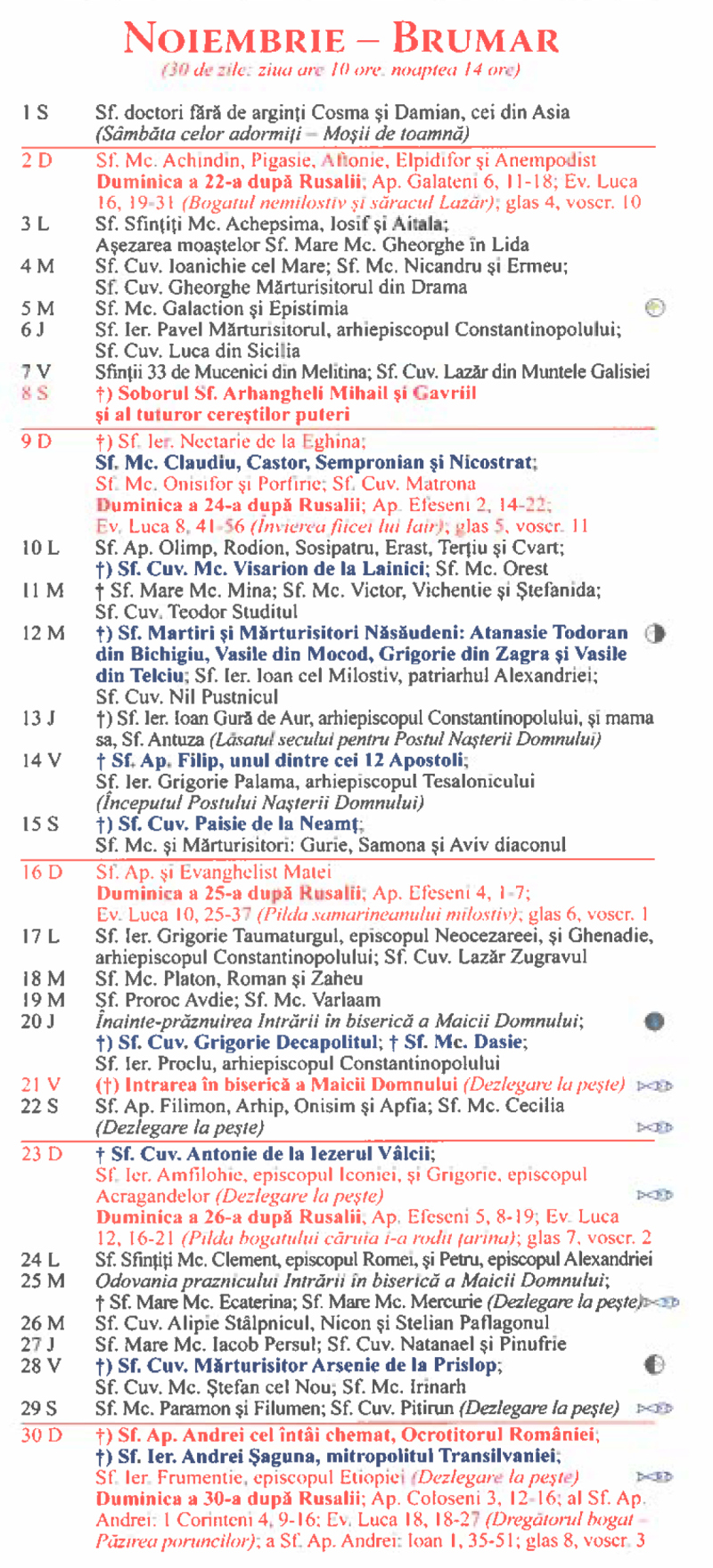 Calendar Ortodox Noiembrie Patriarhia Ro