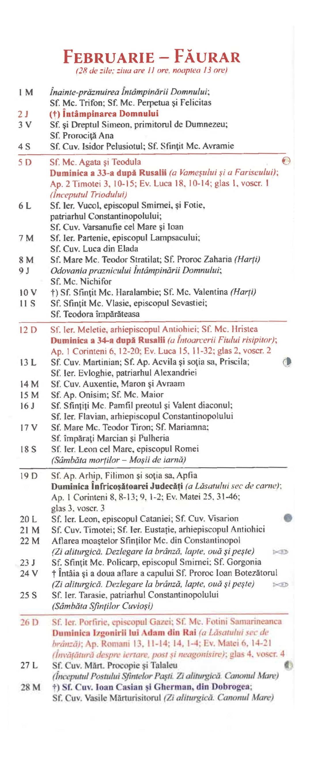 Calendar Ortodox 2025 Februarie Martie Toma Agnella